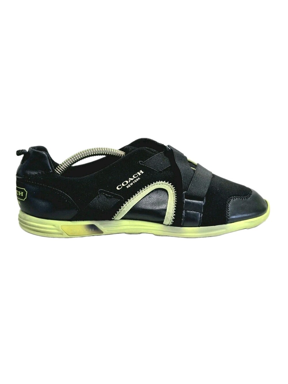 COACH Women's Sneaker Size 8.5 Black Lime Green Neoprene Denver Slip On Logo EUC